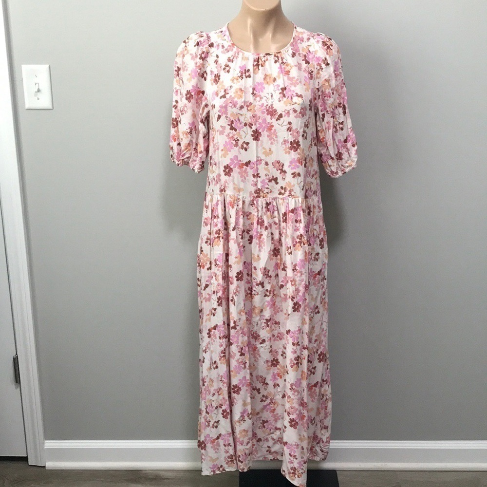 H&M Floral Pink Beige Midi Dress Drop Waist XS